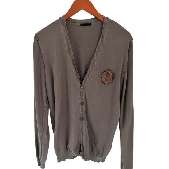 Sisley Mens Brown V-Neck Button-Up Cardigan Sweater With Scull Patch Logo - Picture 1 of 10